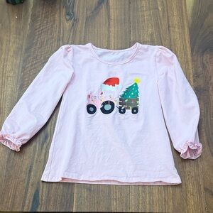 Embroidered Pink Kids Shirt with Tractor and Christmas Tree Design